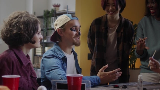 An image of a diverse group of people participating in an improv workshop. They are laughing and engaged in a collaborative activity, highlighting the fun and communal aspects of improv.