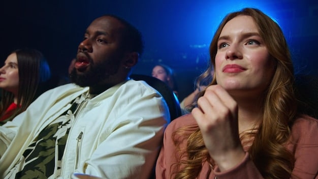 A split image showing a professional theater critic taking notes during a performance on one side, and a group of friends excitedly posting on social media during intermission on the other.