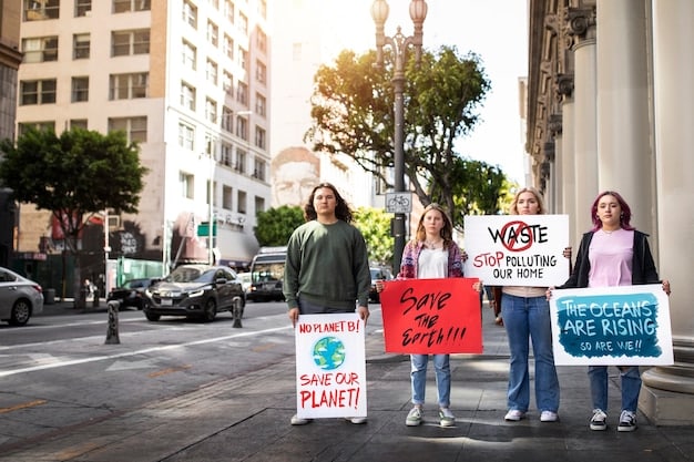 A wide shot of a large protest happening in a city street. People hold signs and banners, and there is a sense of urgency and determination in the air.