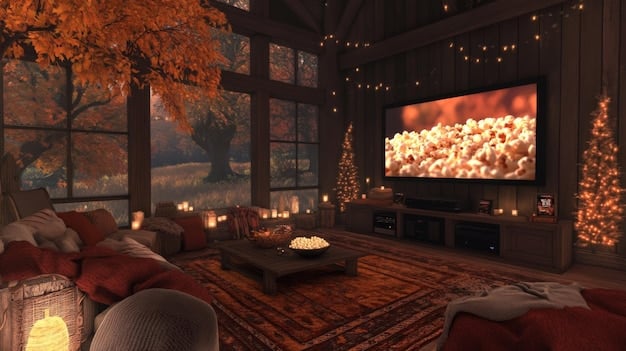 A cozy living room setting with a large screen TV displaying a scene from the animated movie 