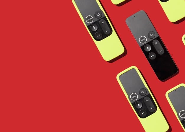 A split-screen showing a cluttered table filled with remote controls on one side, and a minimalist setup with only one remote control on the other side, symbolizing simplifying entertainment choices.