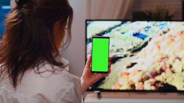 An image depicting the Apple TV interface on a large screen, showcasing its smooth navigation, app selection, and integration with other Apple devices like iPhone and iPad.