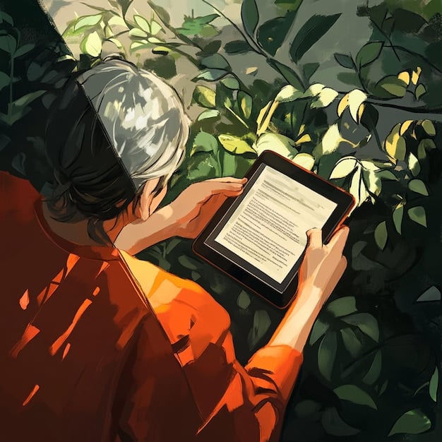 A person holding a tablet, looking thoughtfully at a screen displaying highly customized book recommendations surrounded by snippets of AI-generated insights and reader reviews.