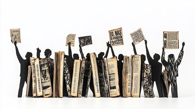 A collage featuring book covers of classic American novels juxtaposed with images representing social justice movements. This visual represents the re-evaluation of canonical texts through the lens of post-structuralism.