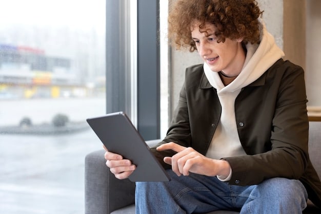 An image of a person is reading an e-book on a tablet in a modern setting, highlighting digital reading. The tablet screen shows a scene from a novel. Their facial expression reflects deep attentiveness and engagement.