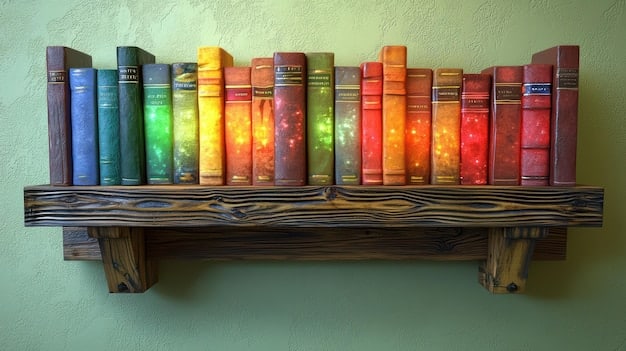 A bookshelf filled with American Literature classics, but with rainbow-colored book covers on some, symbolizing the influence of Queer Theory and its impact on reinterpreting these works. The books are slightly blurred to focus on the colorful covers.