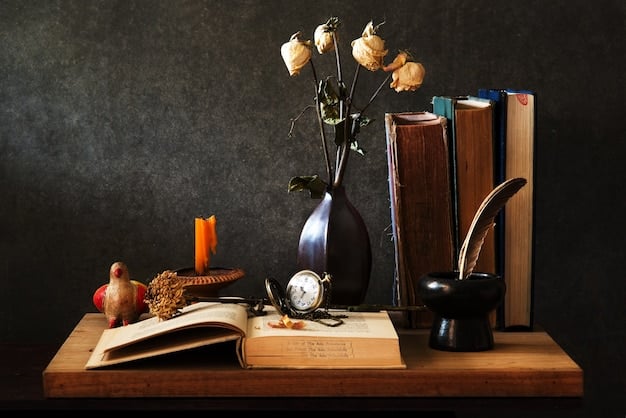 A bookshelf filled with classic American short story collections (e.g., Hemingway, Fitzgerald, Faulkner). A magnifying glass rests on one of the books, symbolizing the act of close reading and uncovering hidden meanings, related with Psychoanalytic Literary Criticism: Uncovering Hidden Meanings in American Short Stories in 2025.
