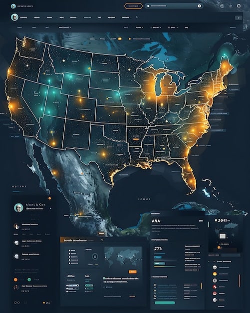 A screenshot of a digital map interface showing locations mentioned in different American novels, with pins and color-coded markers representing various literary themes and settings. The map illustrates the spatial analysis aspect of digital humanities and The Future of Literary Criticism: Will Digital Humanities Transform How We Analyze American Literature by 2030?.