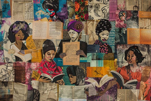 A collage featuring book covers of prominent American authors from diverse cultural backgrounds, alongside images representing key concepts of postcolonial theory such as cultural hybridity, resistance, and decolonization. The collage visually connects the theoretical framework with specific literary works, illustrating the impact of postcolonial thought on the study of American literature since 2020. Famous names include Toni Morrison and Ta-Nehisi Coates.