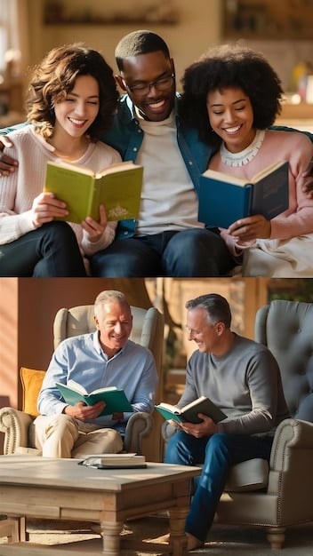 A diverse group of people engaged in a lively discussion about a book, set in a cozy bookstore. The image reflects the community-building aspect of literary criticism and its role in shaping cultural understanding, a core aspect of The Ethics of Literary Criticism: Navigating Interpretation and Authorial Intent in Contemporary American Literature.