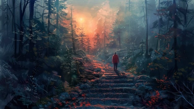 Digital art featuring a lone figure standing at a crossroads in a dense forest at twilight. The figure is silhouetted, carrying a walking stick, and appears contemplative. Two paths diverge, one leading uphill towards a faint light and the other descending into deeper darkness, symbolizing Analyzing the Use of Archetypal Criticism in Understanding Recurring Themes in American Poetry and the hero's journey.