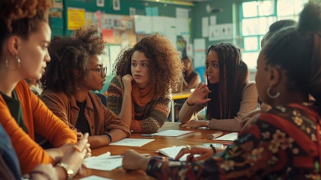 A diverse group of students engaged in a lively discussion in a classroom setting. The image symbolizes the application of Examining the Intersection of Literary Criticism and Cultural Studies in the Analysis of American Literature in contemporary education and scholarship.