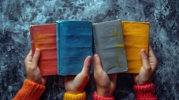 A close-up shot of a diverse group of hands holding open books, some with vibrant contemporary covers, against a blurred bookstore background, symbolizing diverse voices and shared reading experiences.