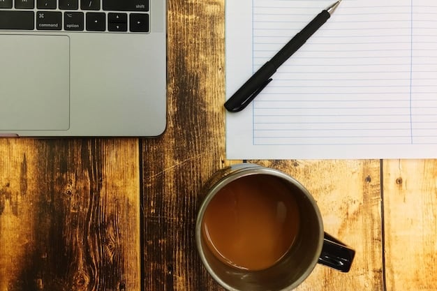 A writer at a desk with a laptop, notebooks, and a cup of coffee, looking thoughtful as they review an article or manuscript, representing the meticulous process of literary analysis and writing.