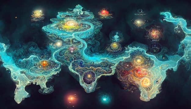A detailed, shimmering map of a fantastical world with glowing ley lines and ancient symbols, hinting at a deep, magical history. The style blends traditional cartography with ethereal elements.