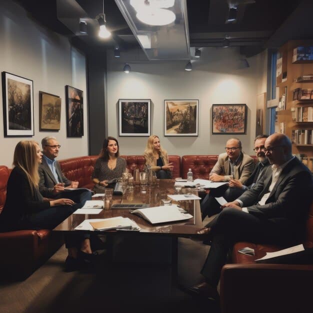 A diverse panel of literary experts are shown in a modern conference room discussing the merits and nuances of various books; each expert is holding a book, conveying a professional and academic atmosphere tied to 'Beyond the Stars: Developing a Nuanced Book Review Scoring System for 2025'.