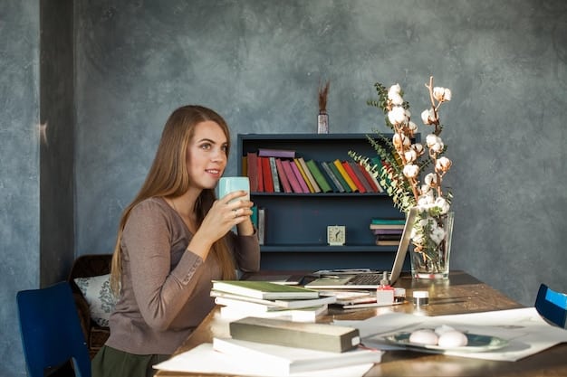 A person sitting at a desk with a laptop, surrounded by books and a cup of coffee, participating in an online meeting with publishers and authors. The scene captures the professional aspect of book reviewing as a side hustle: Earning potential and opportunities in the US market.