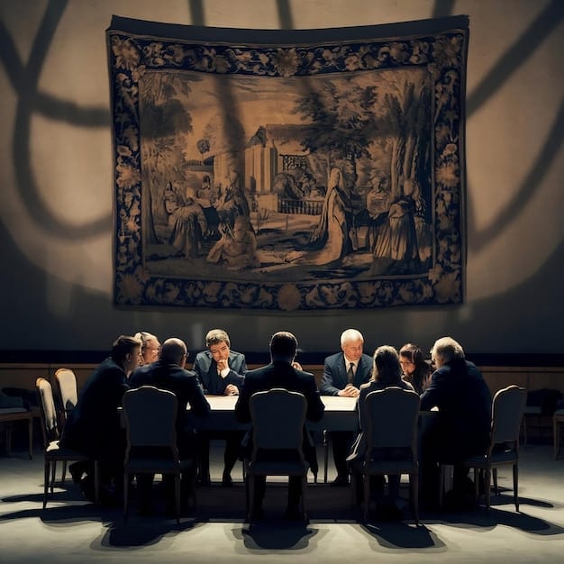 An image depicting a diverse panel of literary award judges in a meeting room, surrounded by piles of books and highlighted review articles. The scene captures them deep in discussion, with one judge pointing to a marked section in a review, illustrating the direct impact of criticism on their deliberations.