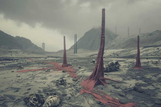 A desolate, arid landscape with futuristic, dilapidated structures in the background, symbolizing environmental collapse and resource scarcity.