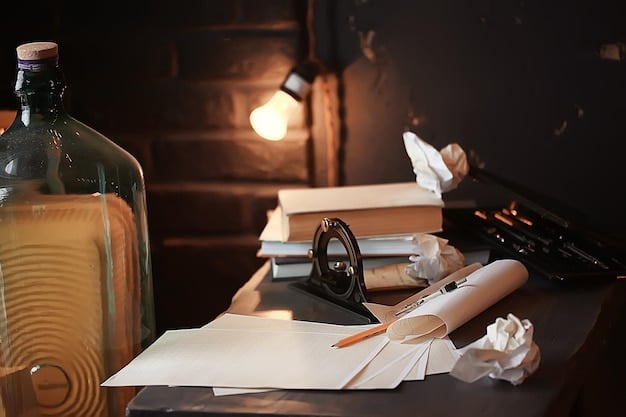 A close-up shot of a playwright's desk, littered with pages of script, marked-up novels, and research materials. The lighting is soft and focused, highlighting the intensity of the creative process. A steaming mug of coffee sits nearby. The image evokes the dedication and meticulous effort involved in adapting a novel for the theater, relevant to 'From Page to Stage: A Behind-the-Scenes Look at Adapting Novels for Theater'.