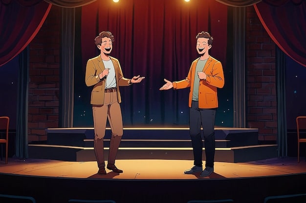 A split-screen illustration showing, on one side, a traditional theater critic in a formal setting, writing notes with a pen and paper. On the other side, a young woman is casually taking a selfie with the stage in the background and typing on her smartphone, ready to post her review on social media. The contrast visually represents the shift in theater reviews from traditional to social media platforms, highlighting 'The Impact of Social Media on Theater Reviews: A 2025 Perspective'.