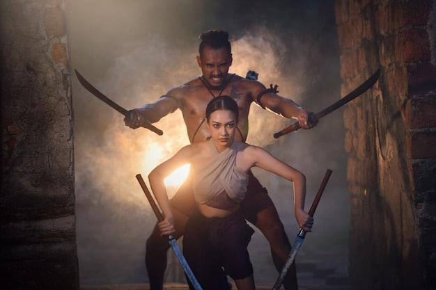 A medium shot of two actors practicing a sword fight on stage. They are wearing protective masks and using padded swords. The focus is on their hands and the blades of the swords. The background is blurred, with stage lights visible enhancing the atmosphere of Stage Combat Safety: An Inside Look at Choreography and Risk Management in a theatrical setting.