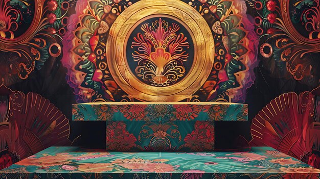 A close-up of a detailed, hand-painted backdrop used in a traditional theatrical production. The backdrop depicts a lush forest scene with intricate details of trees, foliage, and a distant landscape. The lighting is soft and warm, accentuating the textures and colors of the paint.