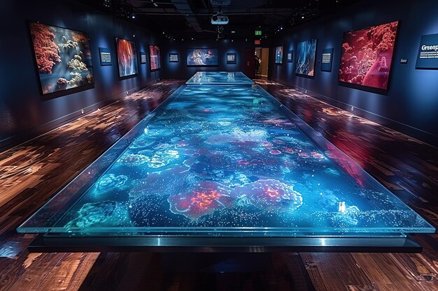 A view of a stage utilizing advanced projection mapping technology. The projections cover the entire set, creating a surreal and dreamlike environment. The lighting is vibrant and colorful, complementing the projections and enhancing the overall visual experience. The projections seamlessly blend with the physical set pieces, creating a cohesive and immersive world for the audience.