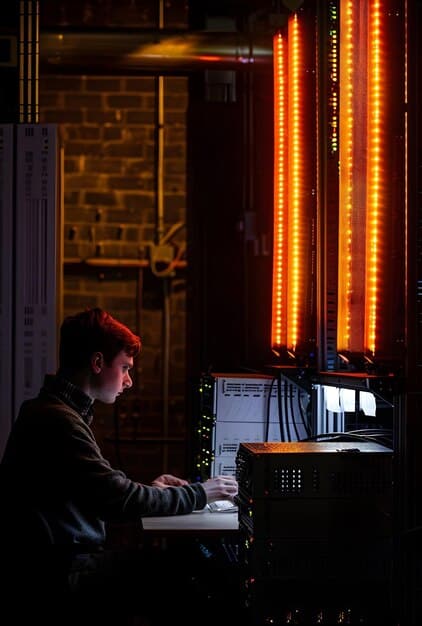 A sound designer working at a mixing console in a darkened theater, surrounded by monitors and equipment. His focused expression suggests intense concentration on crafting the perfect soundscape for a performance.