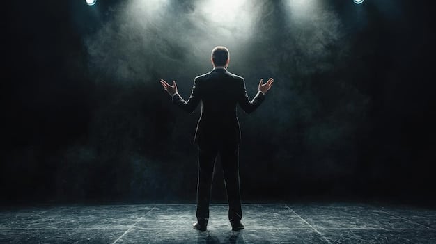 An actor standing confidently center-stage, illuminated by a spotlight, delivering a monologue with powerful gestures and facial expressions. The backdrop is dark, emphasizing the solitary nature of the performance and the intensity of the actor's connection with the unseen audience.