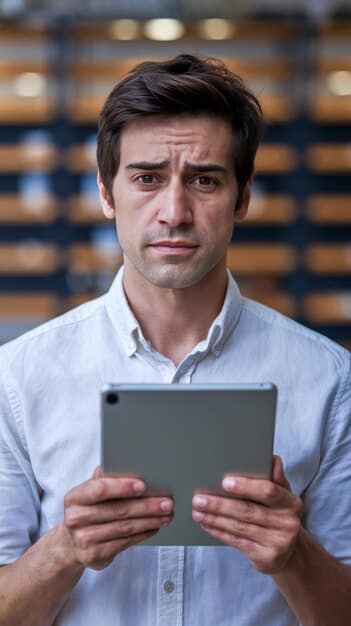 A concerned producer looking at a tablet with a bad review on its screen. Seated on a theater seat, looking stressed at the outcome of the play’s reviews. The tablet’s screen shows a mock theater review website and a keyword for 'Off-Broadway reviews'. Focus on the digital age and its impact on 'How Theater Reviews Influence Ticket Sales: A Data-Driven Analysis'.