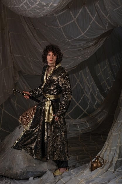 A close-up of a richly detailed period costume from a historical drama. The focus is on the texture and embellishments of the fabric, showcasing the craftsmanship and attention to detail that contribute to the authenticity and visual impact of the character. The Power of Costumes: How Wardrobe Enhances Character Development is evident in the historical accuracy and character-specific elements of the attire.