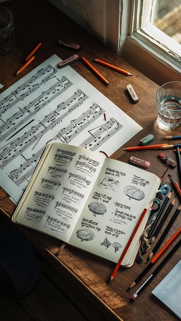 A close-up of a playwright's notebook filled with handwritten notes, edits, and scribbles. The notebook is open to a page with a scene outline, showcasing the detailed and iterative process of script development. Pens and highlighters surround the notebook, emphasizing the tools of the playwright's craft.