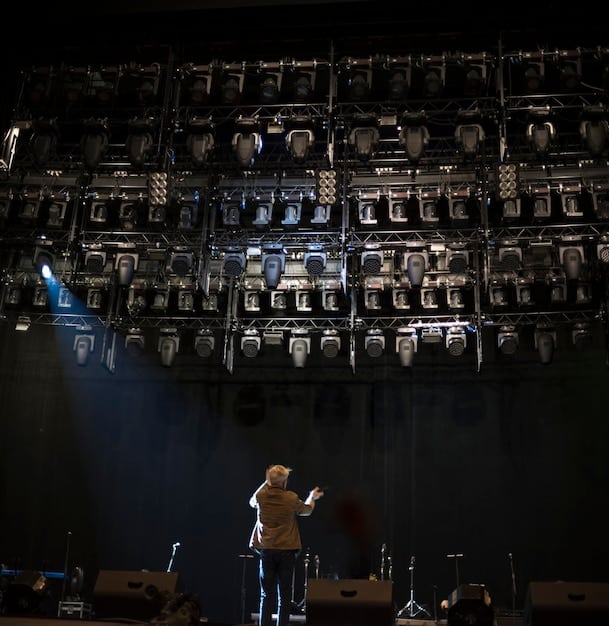 A theater stage set up for a performance, with lighting and sound equipment visible. Actors are in costume, rehearsing a scene from a new play. The image captures the energy and excitement of preparing for a live theatrical production after the workshop phase.