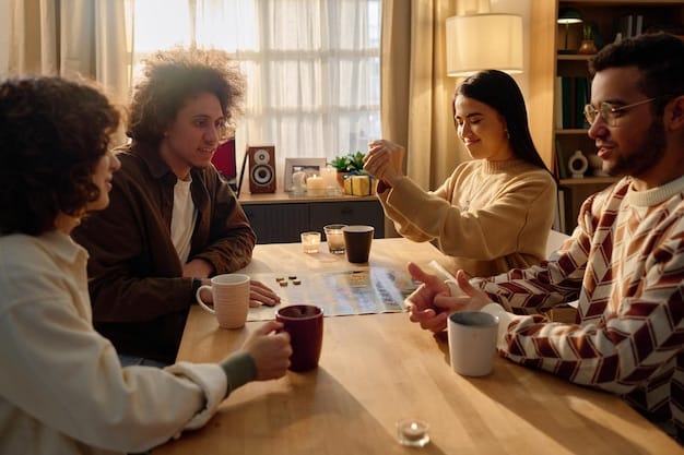 A diverse group of friends gathered around a coffee table, enthusiastically discussing their favorite hidden gems on streaming. Various streaming devices, such as laptops and tablets, are scattered around, displaying different show titles. The scene is lively and engaging, highlighting the social aspect of sharing and discovering hidden gems on streaming.