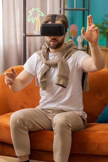 A person wearing a VR headset, fully immersed in a virtual streaming environment. The headset displays a high-resolution, panoramic view of a movie scene. The person is reaching out to interact with virtual objects within the scene, symbolizing the interactive features of future streaming technology. Subtle UI elements and streaming service logos are visible within the VR display.