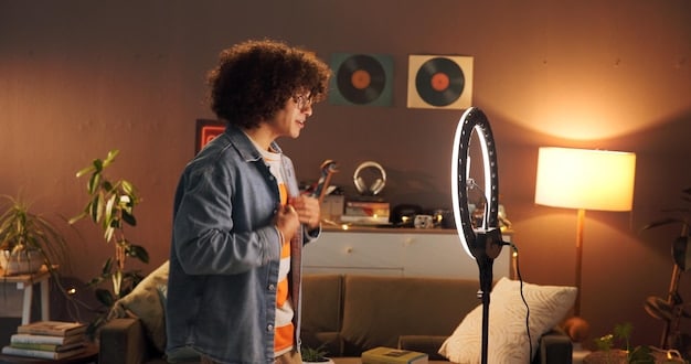 A content creator in their home studio, surrounded by equipment like cameras, microphones, and lights. They are streaming live to an audience on multiple platforms, with engaging graphics and animations overlaying the video feed. The scene showcases the creator's independence and ability to monetize their content directly through various streaming services.