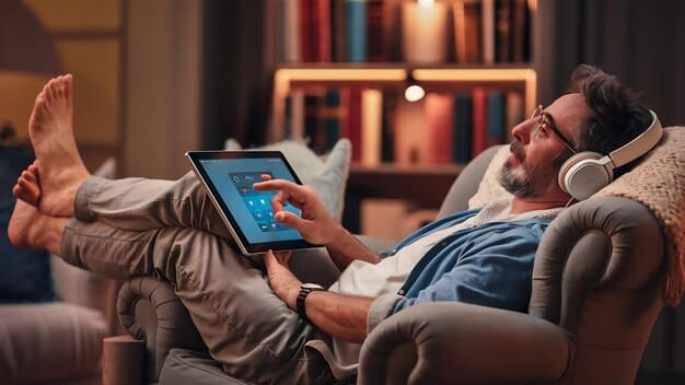 A person relaxing on a couch, browsing through a streaming platform on their tablet. The interface shows various genres and titles, highlighting the selection process for binge-watching. This image supports the concept of 'Binge-Watching Like a Pro: Tips and Tricks for the Ultimate Streaming Experience'.