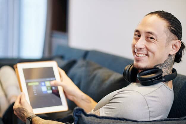 A person happily navigating a single, clean user interface on a tablet, with various streaming service logos arranged neatly, symbolizing ease of access and integrated experience.