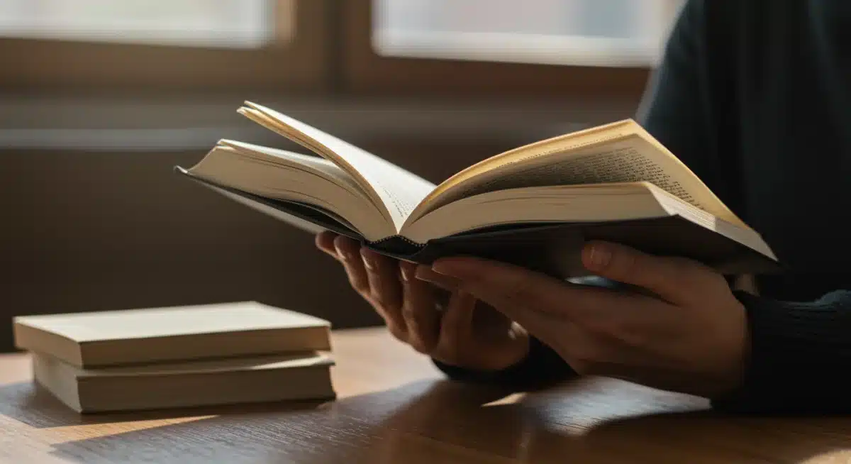 Reader engrossed in a new fiction novel, pages open, showcasing an immersive literary experience.