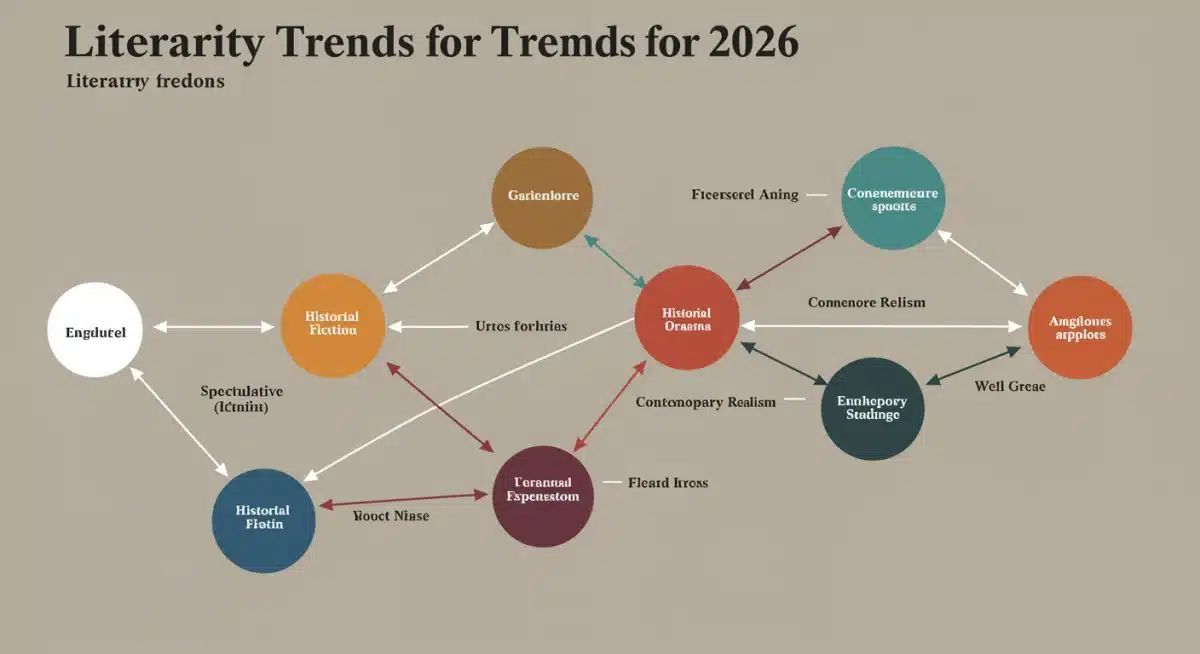 Infographic depicting emerging literary trends and popular genres anticipated for the year 2026.