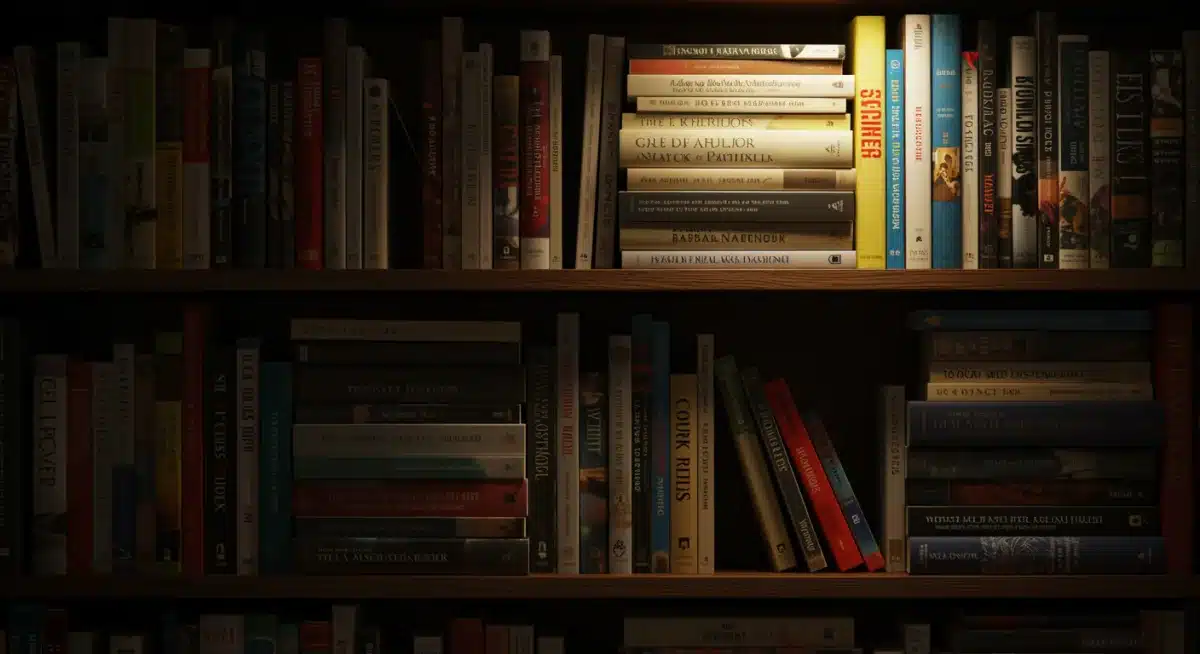 A diverse bookshelf with a highlighted book, representing the discovery of underrated literary works.