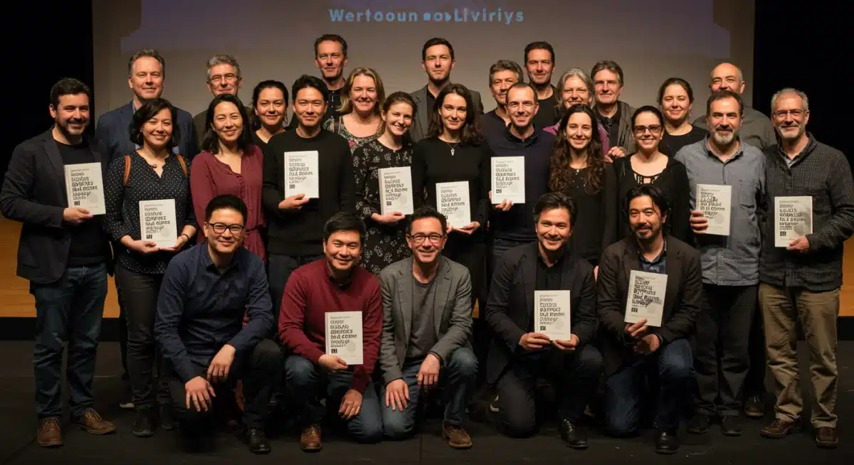 Diverse authors celebrating at a literary awards ceremony.