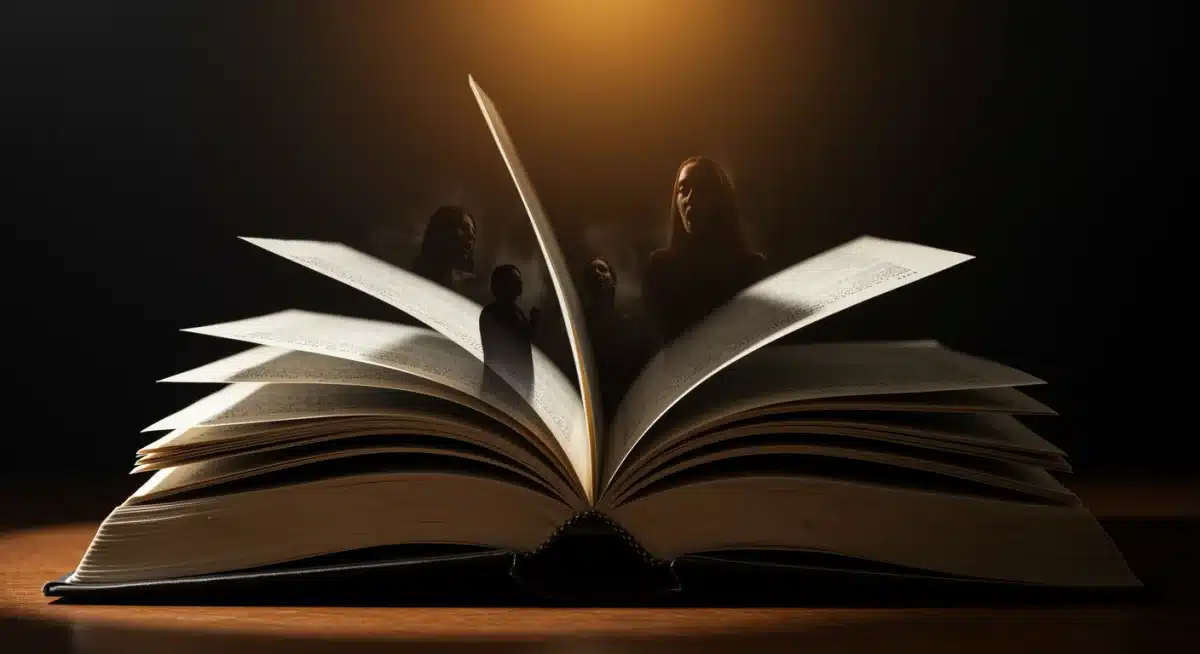 Open book with dramatic lighting, symbolizing an immersive thriller reading experience.