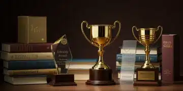 Prestigious literary awards trophies and books on a sophisticated display.
