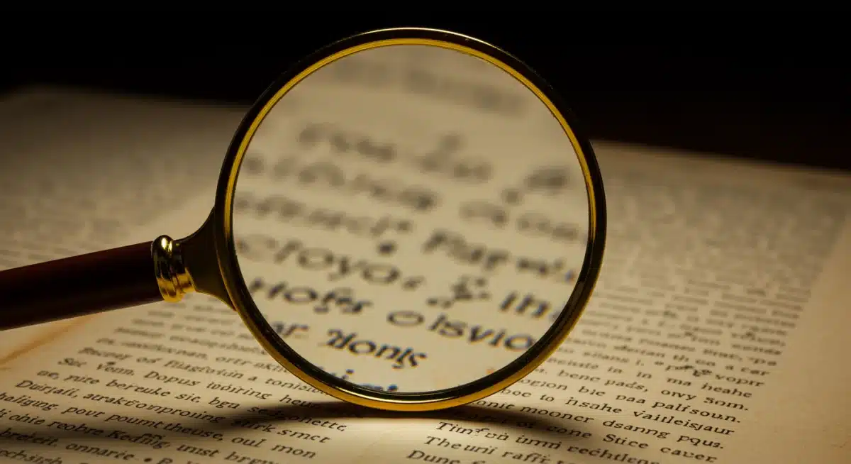 Magnifying glass over book text, symbolizing analysis and detail in thrillers.